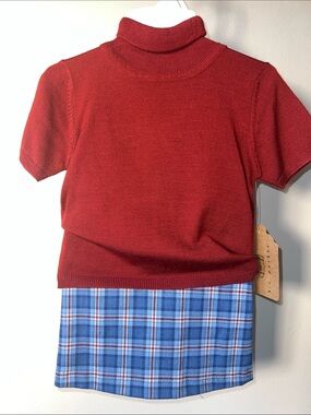 Vintage 2piece Red Short-Sleeve Mock Neck Sweater Top with Blue Plaid Skirt.